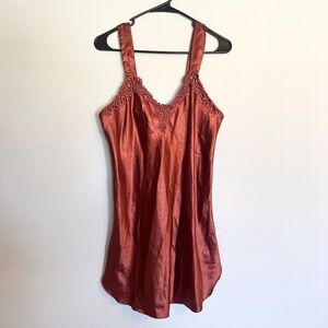 Vintage Romantic Moods USA Burnt Orange Satin Lace Trim Nighty Gown Medium